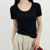 Nude U-neck off-the-shoulder short-sleeved knitted top for women, summer thin, skin-friendly and breathable Lyocell pullover solid color T-shirt Specification image